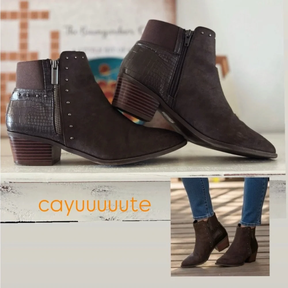 Brown Suede Ankle Booties Side Zip Croc Embossed Studded Low Block Heel 🔥